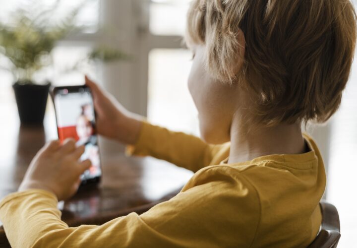 Side View Boy Using Smartphone Home