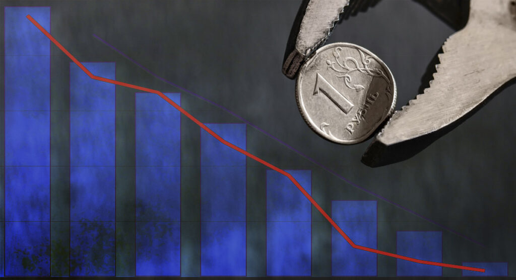 Wrench Holds In Vise Bent Metal Coin With A Face Value Of 1 Russian Ruble. Collapse Of The Ruble And The Economy, Sanctions Against Russia, The Economic Crisis In Russia. Copy Space, Selective Focus